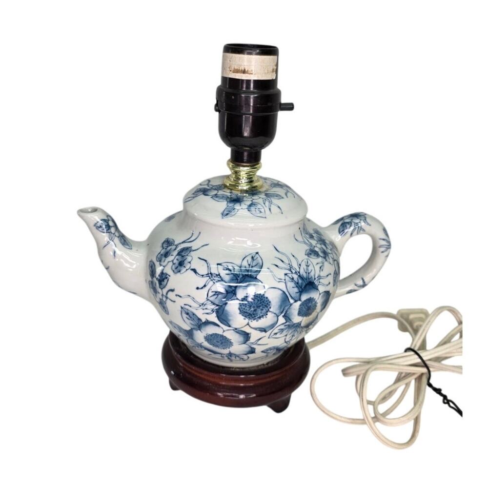 Blue White Floral Vintage Teapot Table Lamp Ceramic Cottage Core Shabby Chic